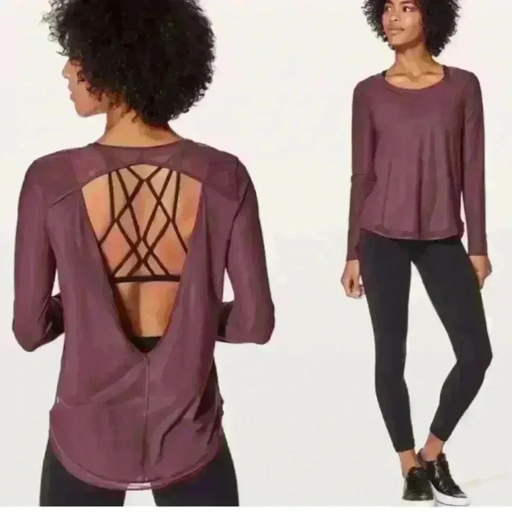 Lululemon Mix and Mesh Long‎ Sleeve Activewear Open Back Top cream ivory